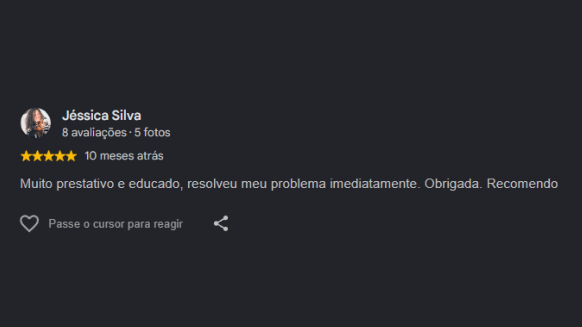 Avaliação do Google: Jéssica Silva recomenda a Ótica Ponto Focal