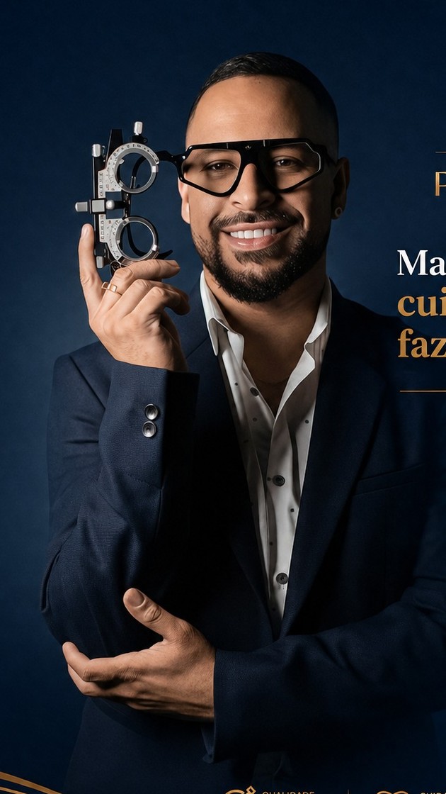 Yuri, à frente da Ótica Ponto Focal em Taubaté, segurando um armação de prova óptica